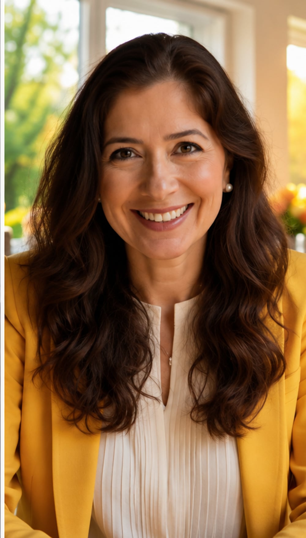 Maricel Rocha, smiling, in a warm sunlit room