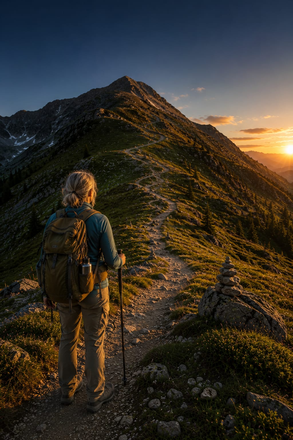 A hiker pausing on a ridge trail, looking up the winding path toward a sunlit summit